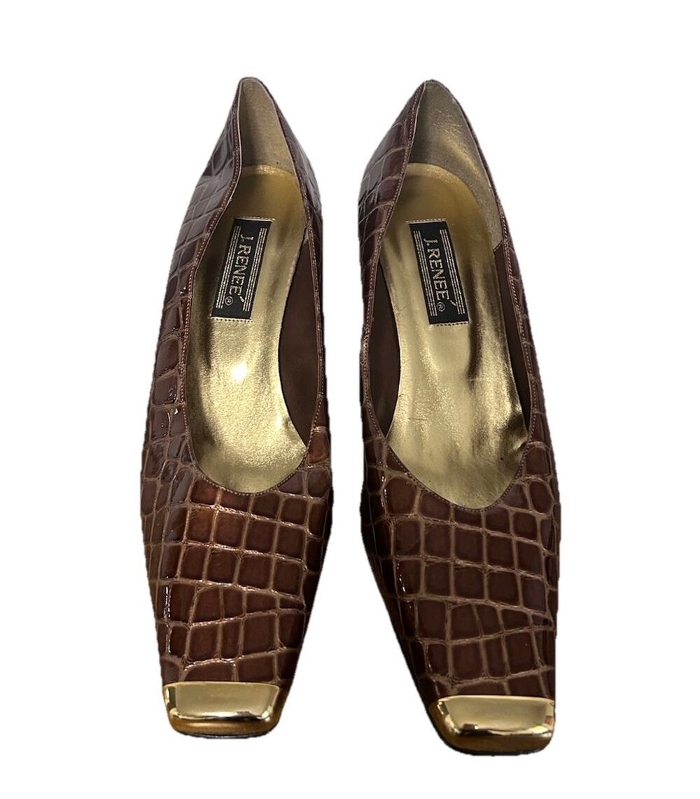 Vintage J. Renee Brown Crocodile Embossed Pump Heels Size 11 Gold Toe Cap Luxury